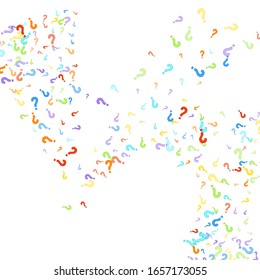 Marcas de preguntas diseminadas en fondo blanco. Prueba, duda, encuesta, encuesta, faq, interrogatorio, fondo de consulta. Plantilla multicolor para encuesta de opinión, encuesta pública. Color arcoiris. Ilustración vectorial.