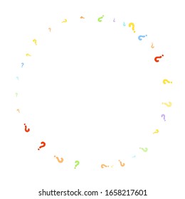 Question marks scattered on white background. Quiz, doubt, poll, survey, faq, interrogation, query background. Multicolored template for opinion poll, public poll. Rainbow color. Vector illustration.