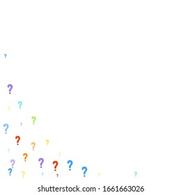 Marcas de preguntas diseminadas en fondo blanco. Prueba, duda, encuesta, encuesta, faq, interrogatorio, fondo de consulta. Plantilla multicolor para encuesta de opinión, encuesta pública. Color arcoiris. Ilustración vectorial.