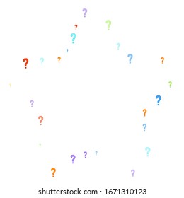 Question marks scattered on white background. Quiz, doubt, poll, survey, faq, interrogation, query background. Multicolored template for opinion poll, public poll. Rainbow color. Vector illustration.
