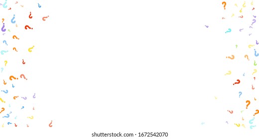Question marks scattered on white background. Quiz, doubt, poll, survey, faq, interrogation, query background. Multicolored template for opinion poll, public poll. Rainbow color. Vector illustration.
