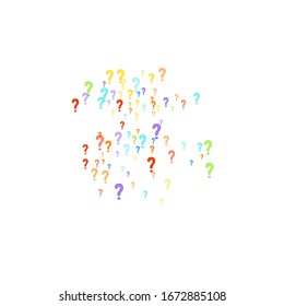 Question marks scattered on white background. Quiz, doubt, poll, survey, faq, interrogation, query background. Multicolored template for opinion poll, public poll. Rainbow color. Vector illustration.