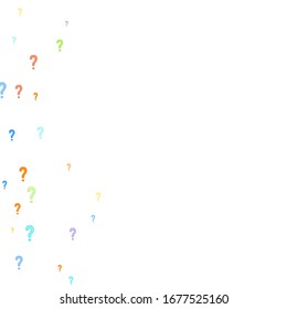Question marks scattered on white background. Quiz, doubt, poll, survey, faq, interrogation, query background. Multicolored template for opinion poll, public poll. Rainbow color. Vector illustration.