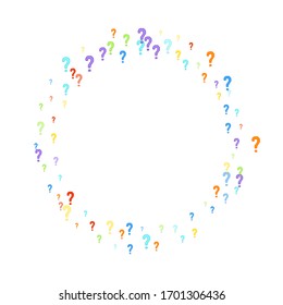 Question marks scattered on white background. Quiz, doubt, poll, survey, faq, interrogation, query background. Multicolored template for opinion poll, public poll. Rainbow color. Vector illustration.