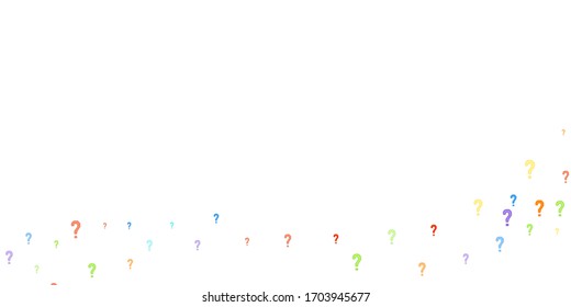 Marcas de preguntas diseminadas en fondo blanco. Prueba, duda, encuesta, encuesta, faq, interrogatorio, fondo de consulta. Plantilla multicolor para encuesta de opinión, encuesta pública. Color arcoiris. Ilustración vectorial.