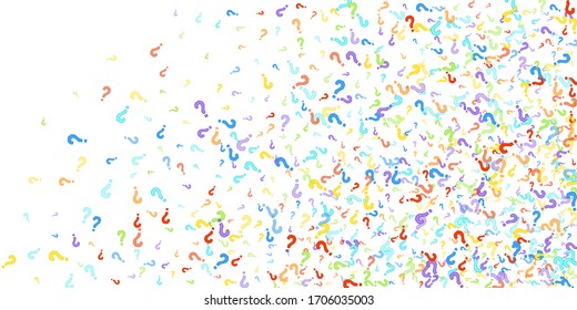 Question marks scattered on white background. Quiz, doubt, poll, survey, faq, interrogation, query background. Multicolored template for opinion poll, public poll. Rainbow color. Vector illustration.
