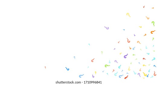 Marcas de preguntas diseminadas en fondo blanco. Prueba, duda, encuesta, encuesta, faq, interrogatorio, fondo de consulta. Plantilla multicolor para encuesta de opinión, encuesta pública. Color arcoiris. Ilustración vectorial.