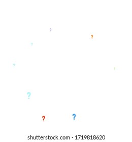 Question marks scattered on white background. Quiz, doubt, poll, survey, faq, interrogation, query background. Multicolored template for opinion poll, public poll. Rainbow color. Vector illustration.