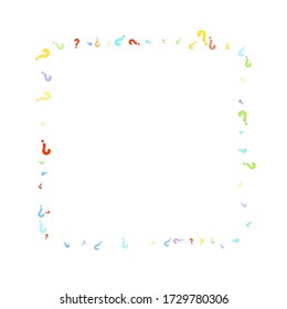 Question marks scattered on white background. Quiz, doubt, poll, survey, faq, interrogation, query background. Multicolored template for opinion poll, public poll. Rainbow color. Vector illustration.