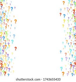 Question marks scattered on white background. Quiz, doubt, poll, survey, faq, interrogation, query background. Multicolored template for opinion poll, public poll. Rainbow color. Vector illustration.