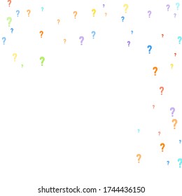 Question marks scattered on white background. Quiz, doubt, poll, survey, faq, interrogation, query background. Multicolored template for opinion poll, public poll. Rainbow color. Vector illustration.