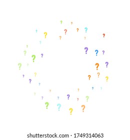 Question marks scattered on white background. Quiz, doubt, poll, survey, faq, interrogation, query background. Multicolored template for opinion poll, public poll. Rainbow color. Vector illustration.