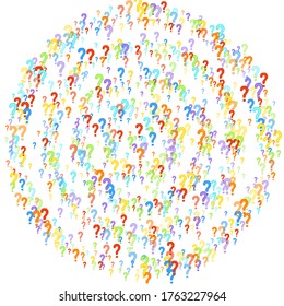 Question marks scattered on white background. Quiz, doubt, poll, survey, faq, interrogation, query background. Multicolored template for opinion poll, public poll. Rainbow color. Vector illustration.