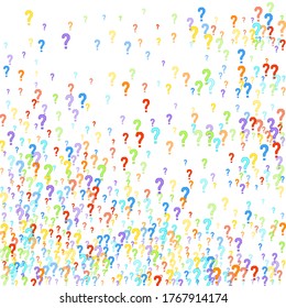 Question marks scattered on white background. Quiz, doubt, poll, survey, faq, interrogation, query background. Multicolored template for opinion poll, public poll. Rainbow color. Vector illustration.