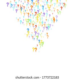 Question marks scattered on white background. Quiz, doubt, poll, survey, faq, interrogation, query background. Multicolored template for opinion poll, public poll. Rainbow color. Vector illustration.