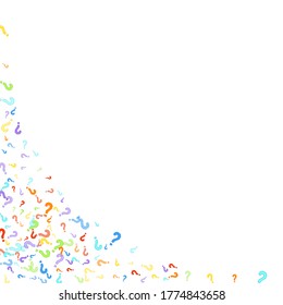 Question marks scattered on white background. Quiz, doubt, poll, survey, faq, interrogation, query background. Multicolored template for opinion poll, public poll. Rainbow color. Vector illustration.