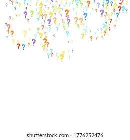 Question marks scattered on white background. Quiz, doubt, poll, survey, faq, interrogation, query background. Multicolored template for opinion poll, public poll. Rainbow color. Vector illustration.