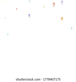 Question marks scattered on white background. Quiz, doubt, poll, survey, faq, interrogation, query background. Multicolored template for opinion poll, public poll. Rainbow color. Vector illustration.
