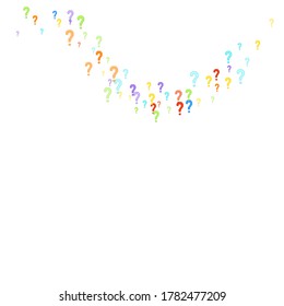 Marcas de preguntas dispersas en fondo blanco. Prueba, duda, encuesta, encuesta, faq, interrogatorio, antecedentes de consulta. Plantilla multicolor para encuesta de opinión, encuesta pública. Color arcoiris. Ilustración vectorial.