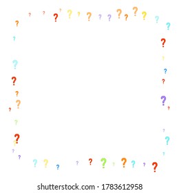 Question marks scattered on white background. Quiz, doubt, poll, survey, faq, interrogation, query background. Multicolored template for opinion poll, public poll. Rainbow color. Vector illustration.