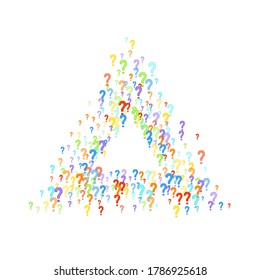 Marcas de preguntas dispersas en fondo blanco. Prueba, duda, encuesta, encuesta, faq, interrogatorio, antecedentes de consulta. Plantilla multicolor para encuesta de opinión, encuesta pública. Color arcoiris. Ilustración vectorial.