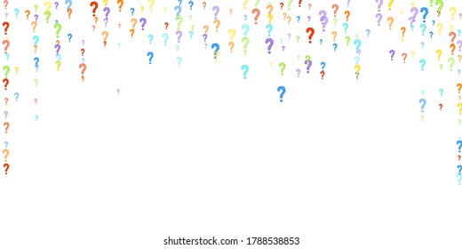 Question marks scattered on white background. Quiz, doubt, poll, survey, faq, interrogation, query background. Multicolored template for opinion poll, public poll. Rainbow color. Vector illustration.