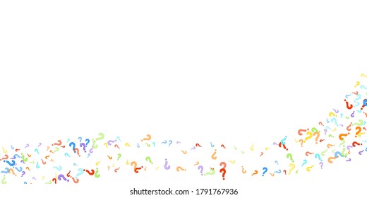 Marcas de preguntas dispersas en fondo blanco. Prueba, duda, encuesta, encuesta, faq, interrogatorio, antecedentes de consulta. Plantilla multicolor para encuesta de opinión, encuesta pública. Color arcoiris. Ilustración vectorial.