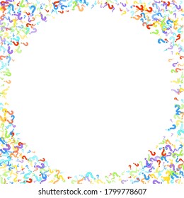 Question marks scattered on white background. Quiz, doubt, poll, survey, faq, interrogation, query background. Multicolored template for opinion poll, public poll. Rainbow color. Vector illustration.