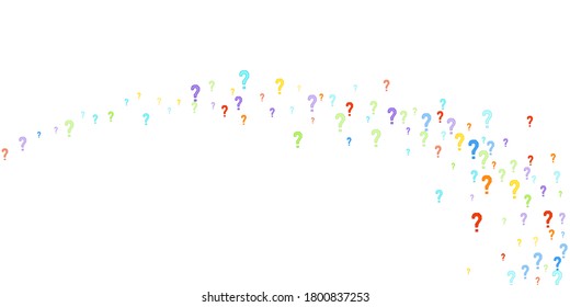 Question marks scattered on white background. Quiz, doubt, poll, survey, faq, interrogation, query background. Multicolored template for opinion poll, public poll. Rainbow color. Vector illustration.