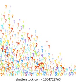 Question marks scattered on white background. Quiz, doubt, poll, survey, faq, interrogation, query background. Multicolored template for opinion poll, public poll. Rainbow color. Vector illustration.