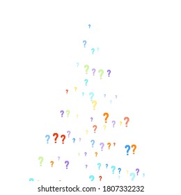 Question marks scattered on white background. Quiz, doubt, poll, survey, faq, interrogation, query background. Multicolored template for opinion poll, public poll. Rainbow color. Vector illustration.