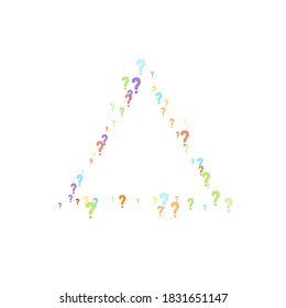 Question marks scattered on white background. Quiz, doubt, poll, survey, faq, interrogation, query background. Multicolored template for opinion poll, public poll. Rainbow color. Vector illustration.