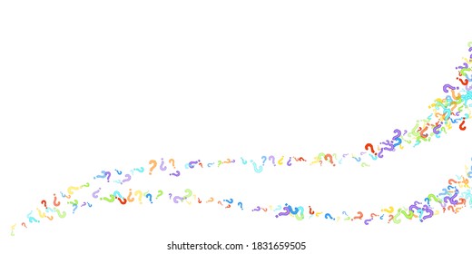 Question marks scattered on white background. Quiz, doubt, poll, survey, faq, interrogation, query background. Multicolored template for opinion poll, public poll. Rainbow color. Vector illustration.