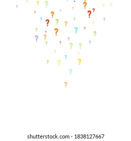 Question marks scattered on white background. Quiz, doubt, poll, survey, faq, interrogation, query background. Multicolored template for opinion poll, public poll. Rainbow color. Vector illustration.