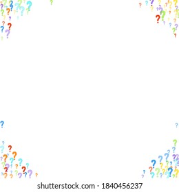 Marcas de preguntas dispersas en fondo blanco. Prueba, duda, encuesta, encuesta, faq, interrogatorio, antecedentes de consulta. Plantilla multicolor para encuesta de opinión, encuesta pública. Color arcoiris. Ilustración vectorial.