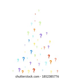 Question marks scattered on white background. Quiz, doubt, poll, survey, faq, interrogation, query background. Multicolored template for opinion poll, public poll. Rainbow color. Vector illustration.
