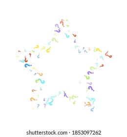 Question marks scattered on white background. Quiz, doubt, poll, survey, faq, interrogation, query background. Multicolored template for opinion poll, public poll. Rainbow color. Vector illustration.