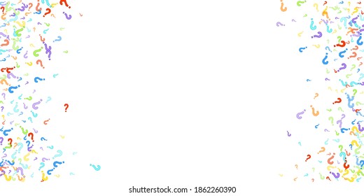 Question marks scattered on white background. Quiz, doubt, poll, survey, faq, interrogation, query background. Multicolored template for opinion poll, public poll. Rainbow color. Vector illustration.