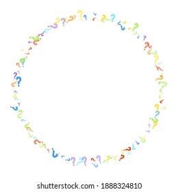 Marcas de preguntas dispersas en fondo blanco. Prueba, duda, encuesta, encuesta, faq, interrogatorio, antecedentes de consulta. Plantilla multicolor para encuesta de opinión, encuesta pública. Color arcoiris. Ilustración vectorial.