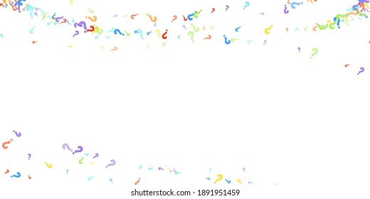 Marcas de preguntas dispersas en fondo blanco. Prueba, duda, encuesta, encuesta, faq, interrogatorio, antecedentes de consulta. Plantilla multicolor para encuesta de opinión, encuesta pública. Color arcoiris. Ilustración vectorial.