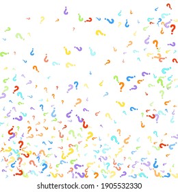 Question marks scattered on white background. Quiz, doubt, poll, survey, faq, interrogation, query background. Multicolored template for opinion poll, public poll. Rainbow color. Vector illustration.