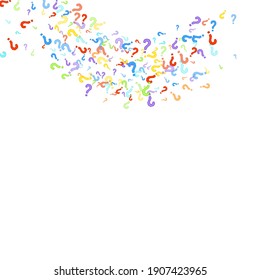 Question marks scattered on white background. Quiz, doubt, poll, survey, faq, interrogation, query background. Multicolored template for opinion poll, public poll. Rainbow color. Vector illustration.