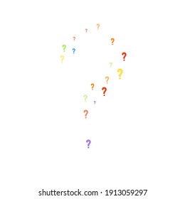 Question marks scattered on white background. Quiz, doubt, poll, survey, faq, interrogation, query background. Multicolored template for opinion poll, public poll. Rainbow color. Vector illustration.