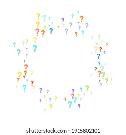 Question marks scattered on white background. Quiz, doubt, poll, survey, faq, interrogation, query background. Multicolored template for opinion poll, public poll. Rainbow color. Vector illustration.