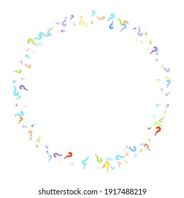 Question marks scattered on white background. Quiz, doubt, poll, survey, faq, interrogation, query background. Multicolored template for opinion poll, public poll. Rainbow color. Vector illustration.