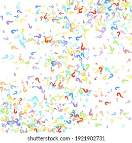Question marks scattered on white background. Quiz, doubt, poll, survey, faq, interrogation, query background. Multicolored template for opinion poll, public poll. Rainbow color. Vector illustration.