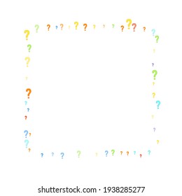 Question marks scattered on white background. Quiz, doubt, poll, survey, faq, interrogation, query background. Multicolored template for opinion poll, public poll. Rainbow color. Vector illustration.