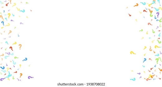 Question marks scattered on white background. Quiz, doubt, poll, survey, faq, interrogation, query background. Multicolored template for opinion poll, public poll. Rainbow color. Vector illustration.