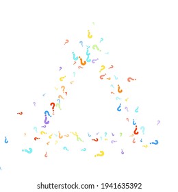Question marks scattered on white background. Quiz, doubt, poll, survey, faq, interrogation, query background. Multicolored template for opinion poll, public poll. Rainbow color. Vector illustration.
