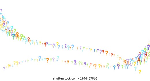 Question marks scattered on white background. Quiz, doubt, poll, survey, faq, interrogation, query background. Multicolored template for opinion poll, public poll. Rainbow color. Vector illustration.